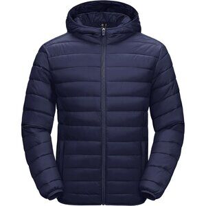 Men's Dark Blue Hooded Water-Resistant Outerwear Warm Quilted Puffer Jacket